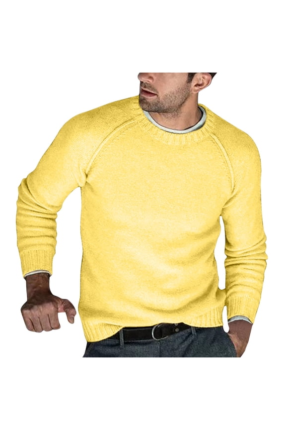 Mens Knitted Sweaters Fashion 2025 Trendy Classic Solid Design Crew Neck Tops Slim Fit Blouse Casual Basic Raglan Sleeve Shirts Yellow XXL