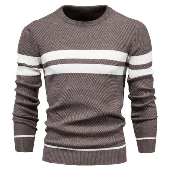 HOOMEUMY Mens Knitted Sweaters Long Sleeve Shirts Fashion 2025 Trendy Striped Design Crew Neck Tops Comfortable Blouse Casual Basic Brown M