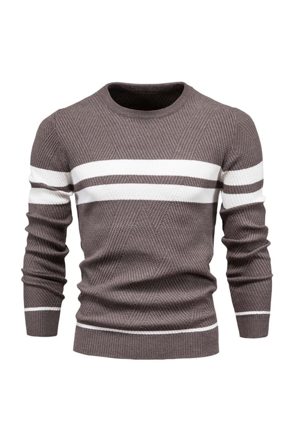 Mens Knitted Sweaters Long Sleeve Shirts Fashion 2025 Trendy Striped Design Crew Neck Tops Comfortable Blouse Casual Basic Brown M