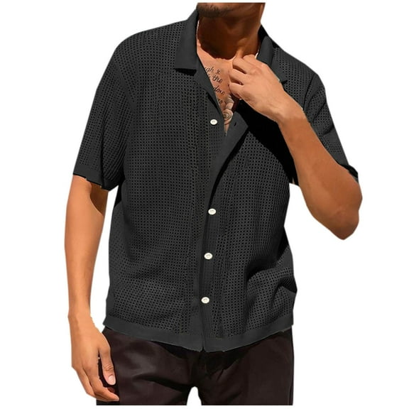 HOOMEUMY Mens Lapel Button Knit Hollow Shirts Basic Shirt Casual Solid Color Short Sleeve Soft Lightweight Relaxed Blouses (Black,XXL)