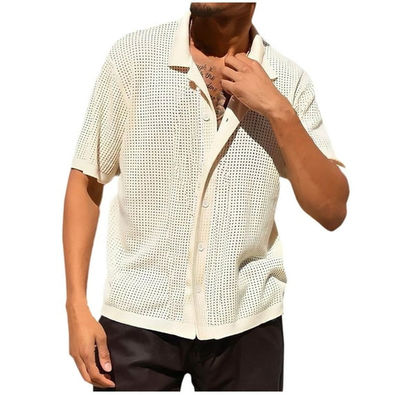 HOOMEUMY Mens Lapel Button Knit Hollow Shirts Basic Shirt Casual Solid Color Short Sleeve Soft Lightweight Relaxed Blouses (White,S)