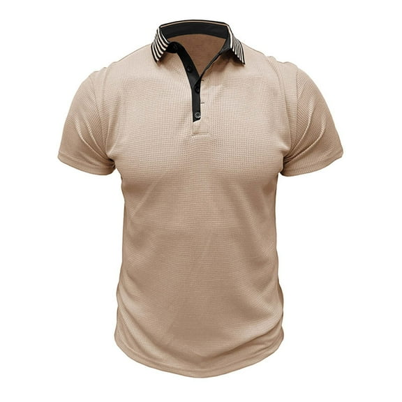 HOOMEUMY Mens Lapel Button Shirts Basic Shirt Solid Color Casual Short Sleeve Soft Lightweight Relaxed Blouses (Khaki,L)