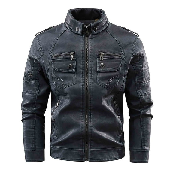 HOOMEUMY Mens Leather Jacket Casual Workout Raglan Sleeve Clothes Fashion 2025 Trendy Classic Solid Coat Stand Collar Jacket Zipper Design Blue M