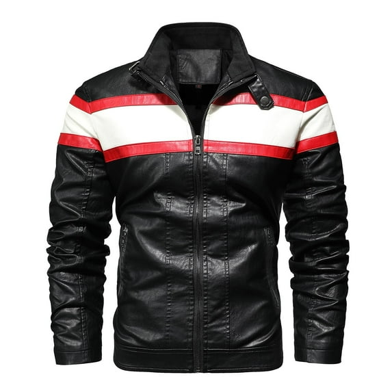 HOOMEUMY Mens Leather Jacket Workout Long Sleeve Clothes Fashion 2025 Trendy Colorblocked Coat Stand Collar Jacket Zipper Design Casual White XXXL