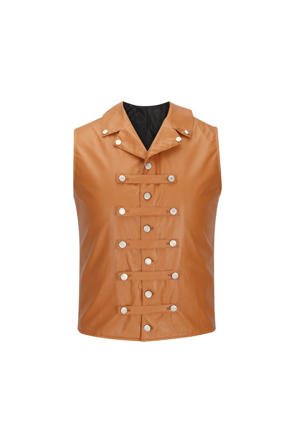 Mens Leather Vest Casual Workout Sleeveless Clothes Fashion 2025 Trendy Classic Solid Coat Turndown Collar Jacket Buttons Design Brown M