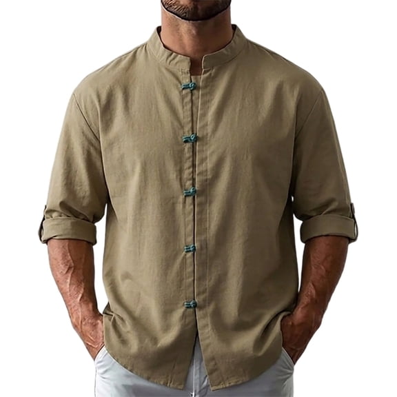 HOOMEUMY Mens Linen Mix Mandarin Collar Half Sleeve Shirt With Buttons Casual Breathable Tops For Vacation And Daily Wear Khaki