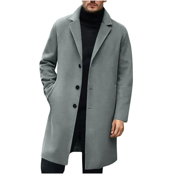 HOOMEUMY Mens Long Trench Coats Notched Lapel Single Breasted Jackets Comfy Fall Winter Warm Trench Coat with Pockets (Gray,S）
