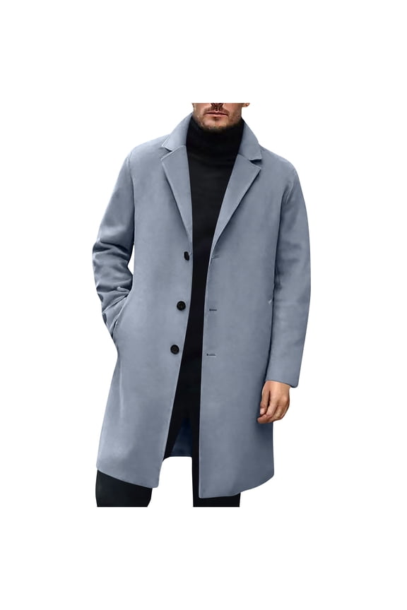 Mens Long Trench Coats Notched Lapel Single Breasted Jackets Comfy Fall Winter Warm Trench Coat with Pockets (Light Blue,L)