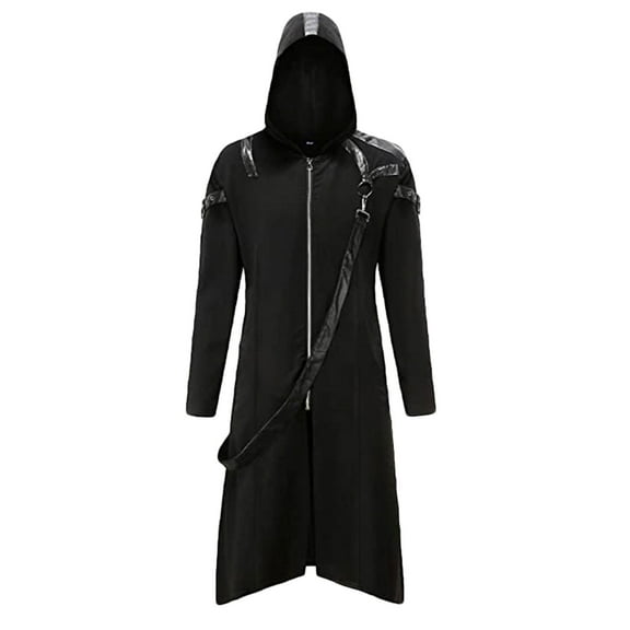 HOOMEUMY Mens Medieval Hooded Coat Fashion 2025 Trendy Classic Solid Coat Crew Neck Design Gothic Punk Victorian Jacket Casual Workout Long Sleeve Clothes Black XXL