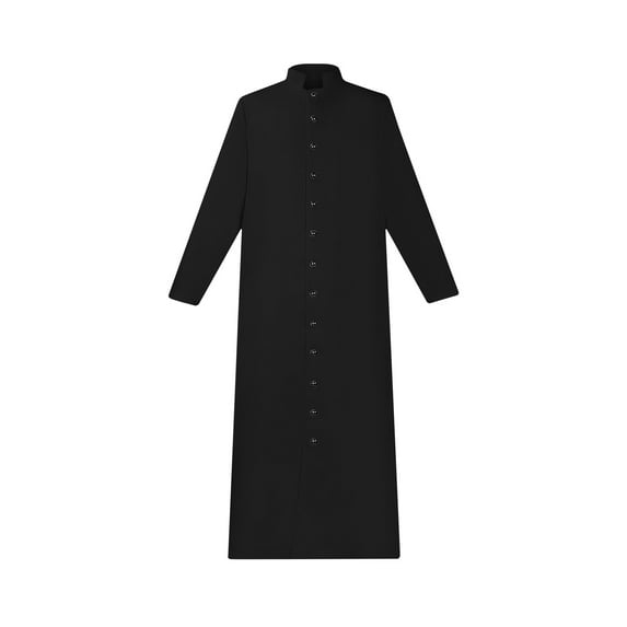 HOOMEUMY Mens Medieval Robe Casual Workout Long Sleeve Clothes Fashion 2025 Trendy Classic Solid Coat Stand Collar Jacket Buttons Design Black L