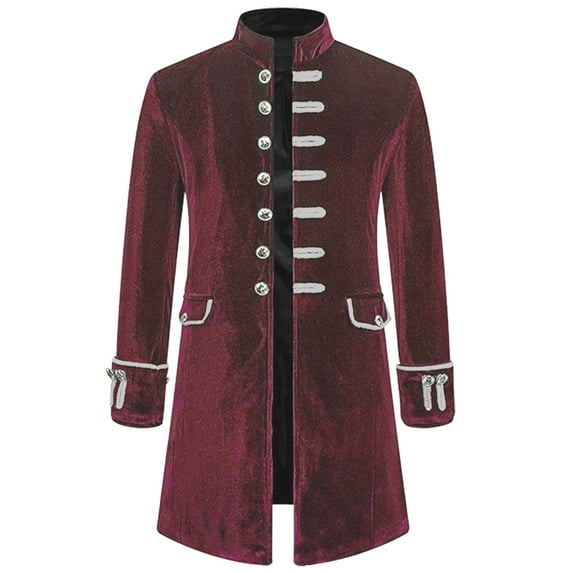 HOOMEUMY Mens Medieval Velvet Uniforms 2025 Trendy Classic Solid Coat Stand Collar Jacket Slim Fit Design Casual Workout Long Sleeve Clothes Fashion Red M