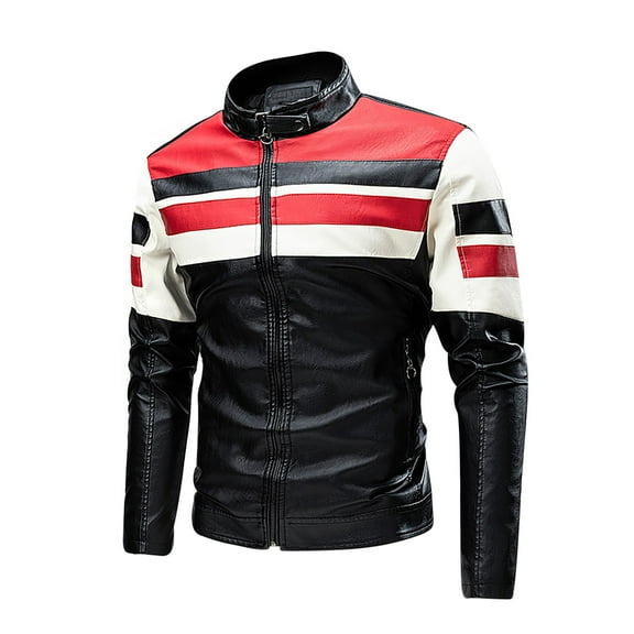 HOOMEUMY Mens Motorcycle Leather Jackets Long Sleeve Clothes Fashion 2025 Trendy Striped Coat Stand Collar Jacket Padded Design Casual Workout Red XXL