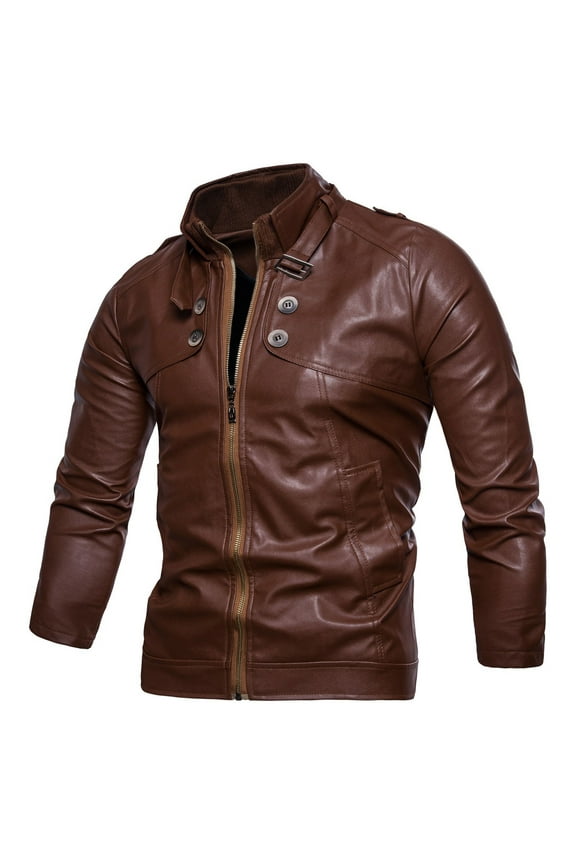 Mens Motorcycle Leather Jackets Retro Solid Coat Stand Collar Jacket Zipper Design Casual Workout Raglan Sleeve Clothes Fashion 2025 Trendy Brown L
