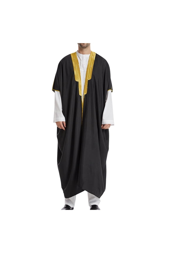 Mens Muslim Robe Casual Workout Drop Shoulder Clothes Fashion 2025 Trendy Embroidered Coat Front Open Jacket Pockets Design Black M