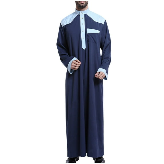HOOMEUMY Mens Muslim Robe Long Sleeve Clothes Fashion 2025 Trendy Colorblocked Coat Crew Neck Jacket Pockets Design Casual Workout Navy S