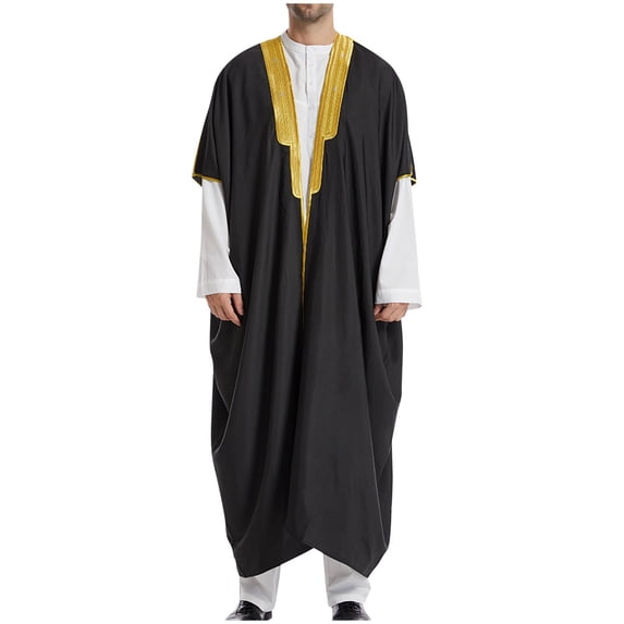 HOOMEUMY Mens Muslim Robe Deals Pockets Design Casual Workout Drop Shoulder Clothes Fashion 2024 Trendy Embroidered Coat Front Open Jacket Black L