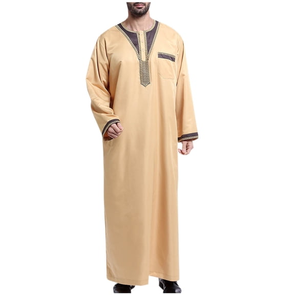 HOOMEUMY Mens Muslim Robe Pockets Design Casual Workout Long Sleeve Clothes Fashion 2025 Trendy Embroidered Coat Crew Neck Jacket Yellow XL