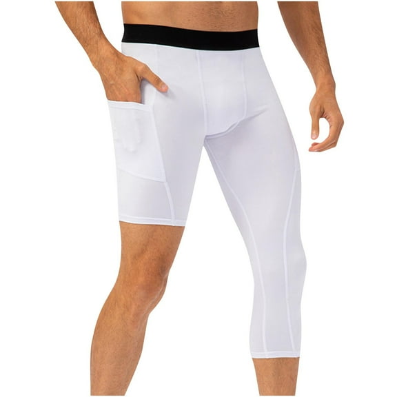 HOOMEUMY Mens One Leg Pants Tights for Basketball Gym Sport Leggings 3/4 Sports Fitness Pants with Pockets (White,M)