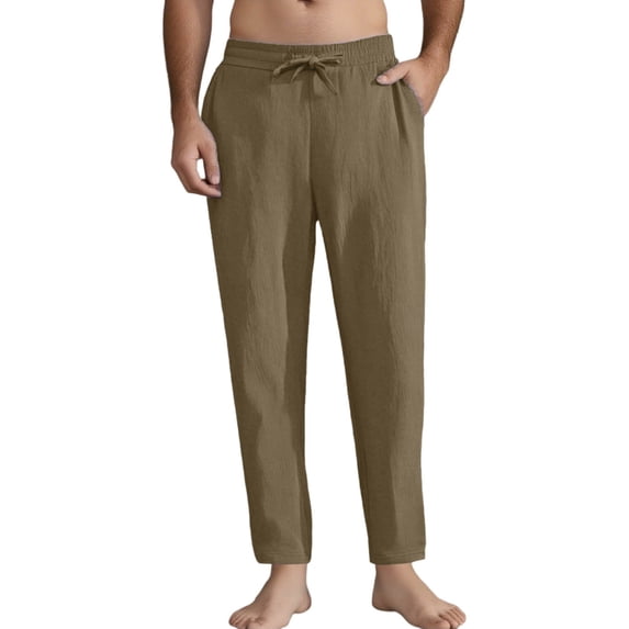 HOOMEUMY Mens Pants with Elastic Waistband Cotton Linen Drawstring Pants Casual Solid Color Outdoor Straight Leg Pants (Khaki,XL)