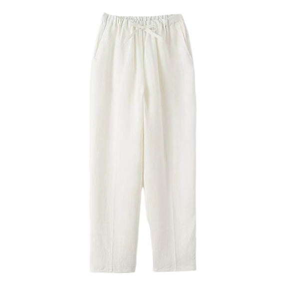HOOMEUMY Mens Pants with Elastic Waistband Drawstring Straight Leg Trousers Solid Color Loose Long Pants (White,XXXL)