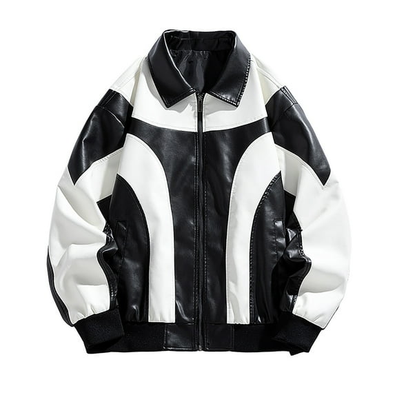 HOOMEUMY Mens Patchwork Faux Leather Jacket 2025 Trendy Colorblocked Coat Turndown Collar Design Zipper Biker Motorcycle Streetwear Jacket Casual Workout Drop Shoulder Clothes Fashion White L
