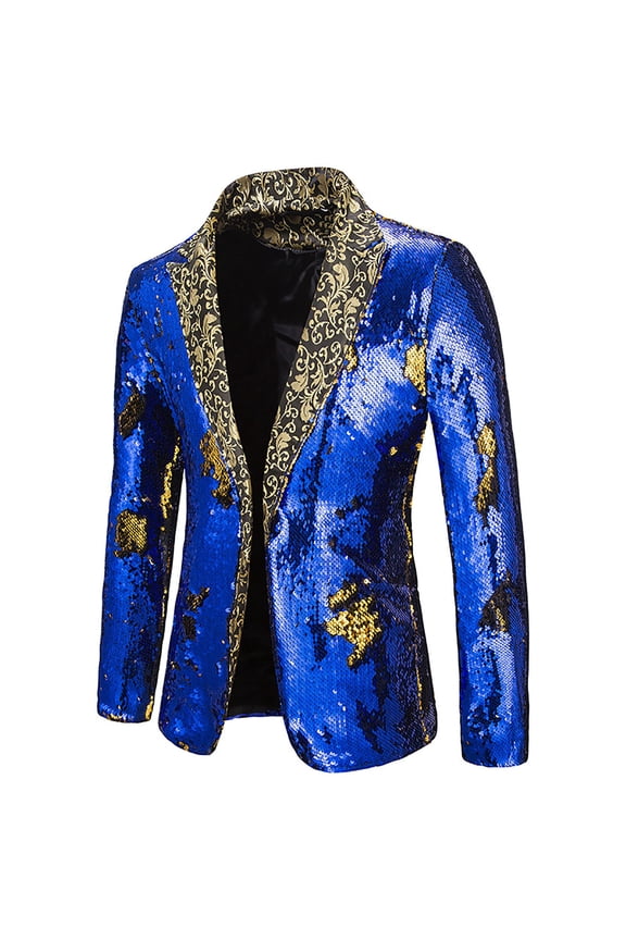 Mens Performance Suit Jacket Long Sleeve Clothes Fashion 2025 Trendy Sequined Coat Turndown Collar Jacket Slim Fit Design Casual Workout Blue L