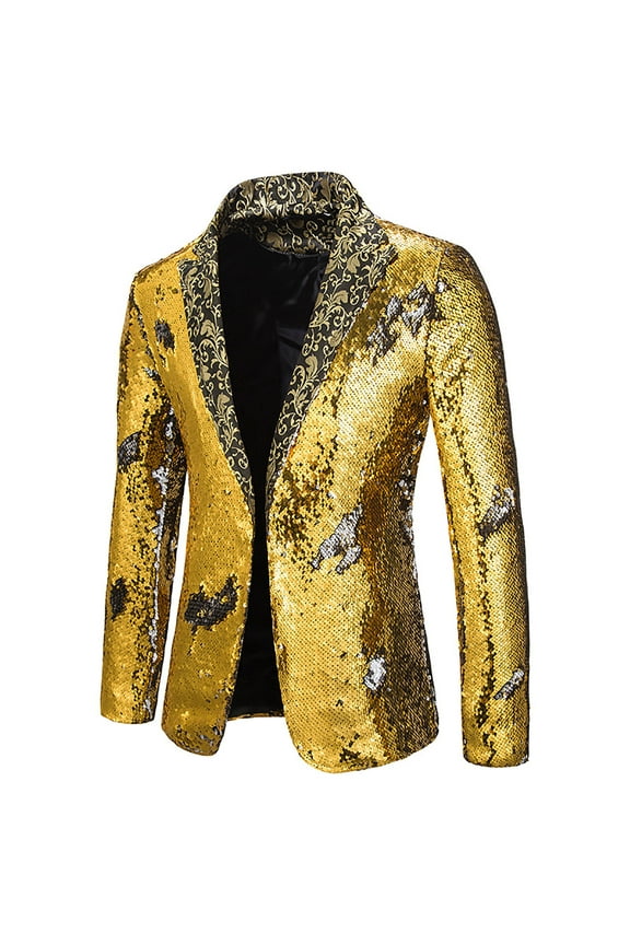 Mens Performance Suit Jacket Long Sleeve Clothes Fashion 2025 Trendy Sequined Coat Turndown Collar Jacket Slim Fit Design Casual Workout Gold S