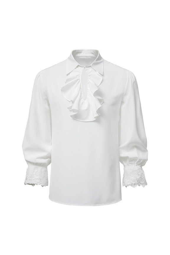 Mens Pirate Shirt Casual Basic Ruffle Sleeve Shirts Fashion 2025 Trendy Classic Solid Design Turndown Collar Tops Renaissance Steampunk Blouse White XXL