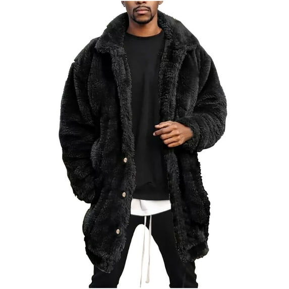 HOOMEUMY Mens Plush Warm Coat Warm Long Fluffy Pockets Jacket Casual Workout Drop Shoulder Clothes Fashion 2025 Trendy Classic Solid Coat Turndown Collar Design Black S