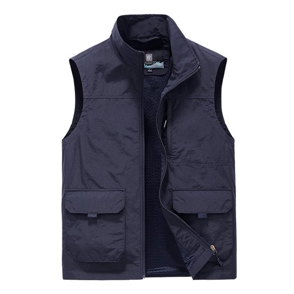 HOOMEUMY Mens Pockets Cargo Vest Casual Workout Sleeveless Clothes Fashion 2025 Trendy Classic Solid Coat Stand Collar Jacket Lightweight Design Blue M