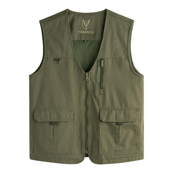 HOOMEUMY Mens Pockets Mesh Cargo Vest Sleeveless Clothes Fashion Vintage Solid Coat V-Neck Design Multi-Pocket Zipper Slim Fit Lightweight Breathable Mesh Vest Casual Workout Green L