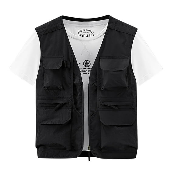 HOOMEUMY Mens Pockets Vest Deals Casual Workout Sleeveless Clothes Fashion 2024 Trendy Classic Solid Coat V-Neck Jacket Quick Dry Design Black XL