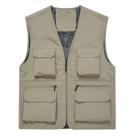 HOOMEUMY Mens Pockets Vest Workout Sleeveless Clothes Fashion 2025 Trendy Classic Solid Coat V-Neck Jacket Light Weight Design Casual Khaki XXXL
