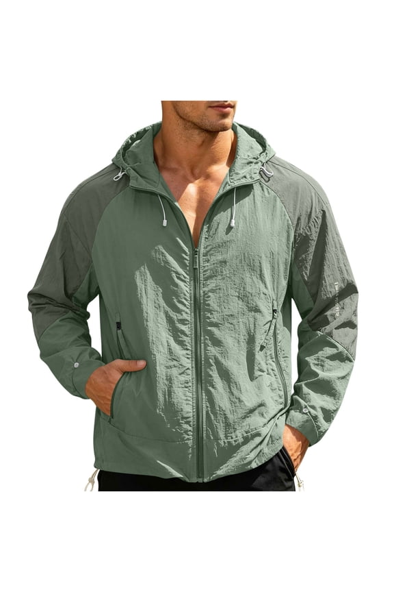 Mens Protection Light Hoodie Jacket 2 Tone Raglan Sleeve Hooded Sun Shield Coat For Men Full Zip Adjustable Drawstring Wrinkle Free Outer Jacket Daily Summer Outdoor Leisure Wear