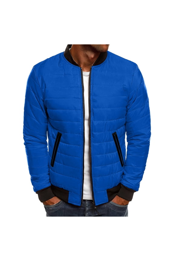 Mens Puffer Jacket Long Sleeve Packable Down Coat Full Zip Up Insulated Jacket Warm Fall Winter Coats with Pockets (Blue,XXL)