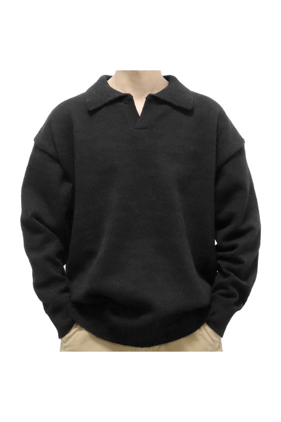 Mens Pullover Turndown Collar Sweaters 2025 Trendy Classic Solid Design V-Neck Tops Loose Fit Blouse Casual Basic Drop Shoulder Shirts Fashion Black L