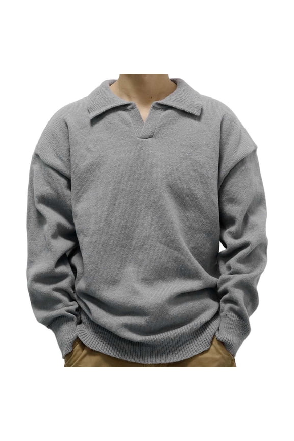 Mens Pullover Turndown Collar Sweaters Loose Fit Blouse Casual Basic Drop Shoulder Shirts Fashion 2025 Trendy Classic Solid Design V-Neck Tops Gray L