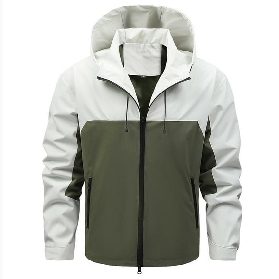 HOOMEUMY Mens Rain Jacket 2025 Trendy Colorblocked Coat Stand Collar Jacket Zipper Design Casual Workout Long Sleeve Clothes Fashion White XXL