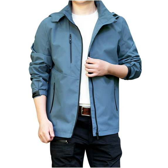 HOOMEUMY Mens Rain Jacket Mountaineering Design Casual Workout Long Sleeve Clothes Fashion 2025 Trendy Classic Solid Coat Crew Neck Jacket Blue XXXL