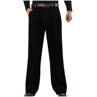 HOOMEUMY Mens Relaxed Fit High-Waisted Straight Leg Corduroy Pant Non-Iron Pleated Front Zipper Trousers Black XXL