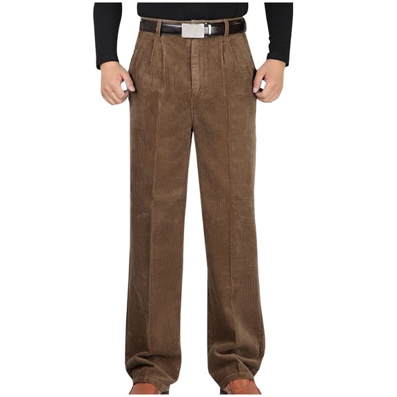 HOOMEUMY Mens Relaxed Fit High-Waisted Straight Leg Corduroy Pant Non-Iron Pleated Front Zipper Trousers Khaki L