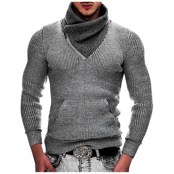 HOOMEUMY Mens Ribbed Knit Sweaters Deals 2024 Trendy Classic Solid Design Turtleneck Tops Zipper Blouse Casual Basic Long Sleeve Shirts Fashion Gray XXXL