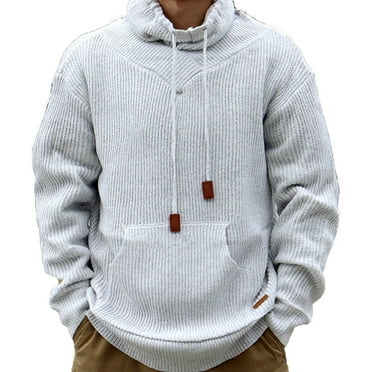 HOOMEUMY Mens Ribbed Knit Sweaters Deals Casual Basic Long Sleeve Shirts Fashion 2024 Trendy Classic Solid Design Turtleneck Tops Drawstring Blouse White XXXL