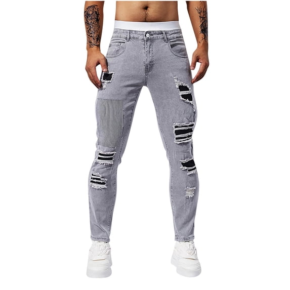 HOOMEUMY Mens Ripped Skinny Jeans Slim Stretch Ripped Denim Pants Casual Fashion Solid Color Elastic Tight Denim Pants (Gray,32)