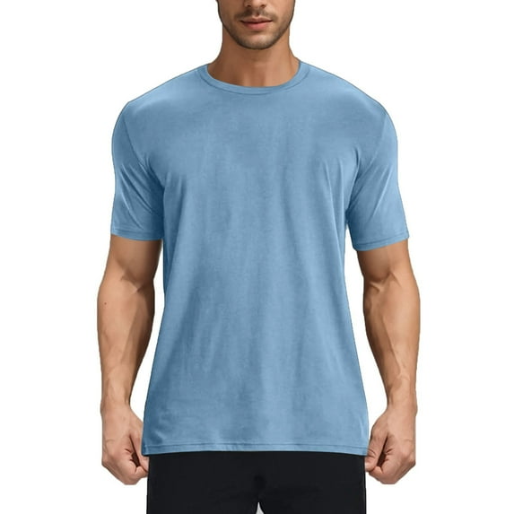 HOOMEUMY Mens Shirts Casual Crew Neck Basic Shirts Short Sleeve Shirt Comfy Lightweight Shirts Summer Fashion Casual Solid Color (Light Blue,XL)