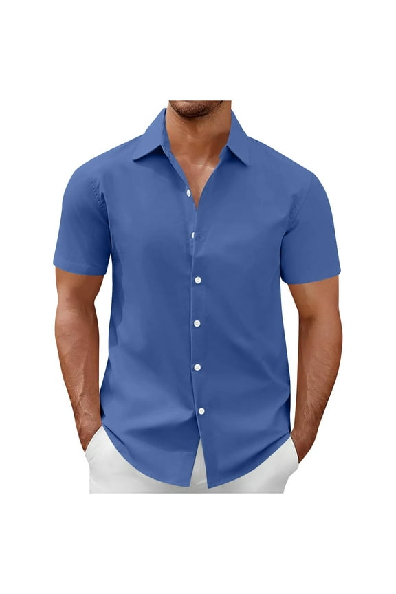 Mens Shirts Casual Lapel Button Shirts Short Sleeve Shirt Solid Color Comfy Casual Lightweight Shirts Fashion Summer (Dark Blue,L)