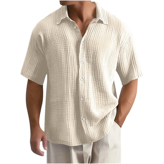 HOOMEUMY Mens Shirts Casual Lapel Button Shirts Solid Color Fashion Comfy Casual Lightweight Shirts Summer Short Sleeve Shirt (Khaki,XXXL)