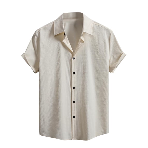 HOOMEUMY Mens Shirts Lapel Button Shirts Casual Lightweight Shirts Summer Short Sleeve Shirt Fashion Comfy Solid Color (Beige,L)