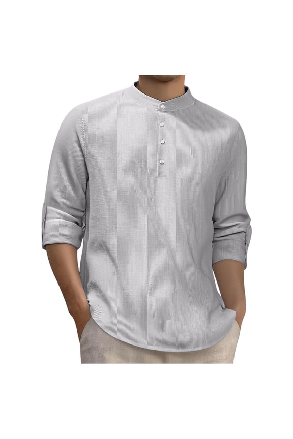 Mens Shirts Long Sleeve Stand Up Collar Button Basic Tops Long Sleeve Comfy Crew Neck Lightweight Solid Color Spring Shirt (Gray,XXXL)