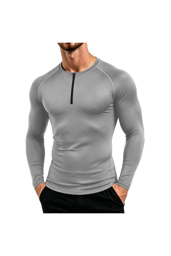 Mens Shirts Solid Color Half Zip Stand Collar Tight Long Sleeve Shirts Slim Tailored Fast Dry Sweat Wicking Sports Base Layer For Running Cycling Gym Workout Layering Attire